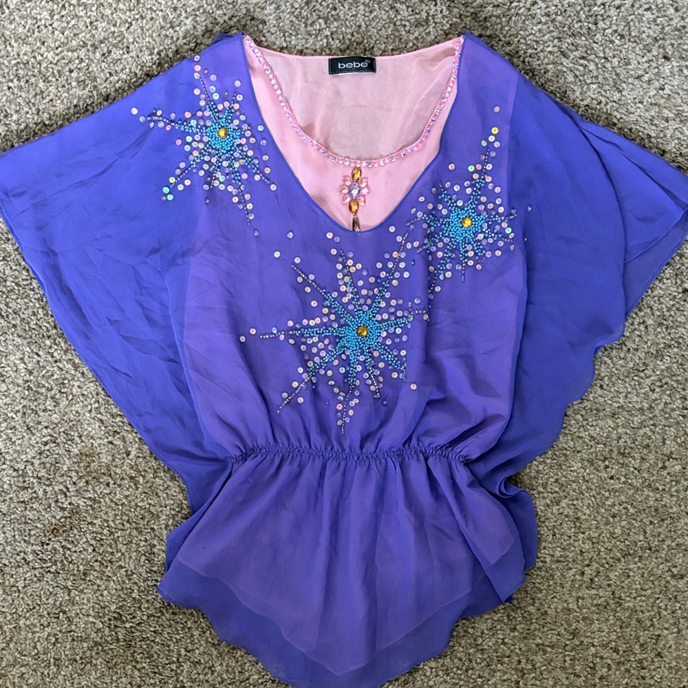 bebe Purple Chiffon Peplum Tunic with Pink Trim & Crystal Starburst